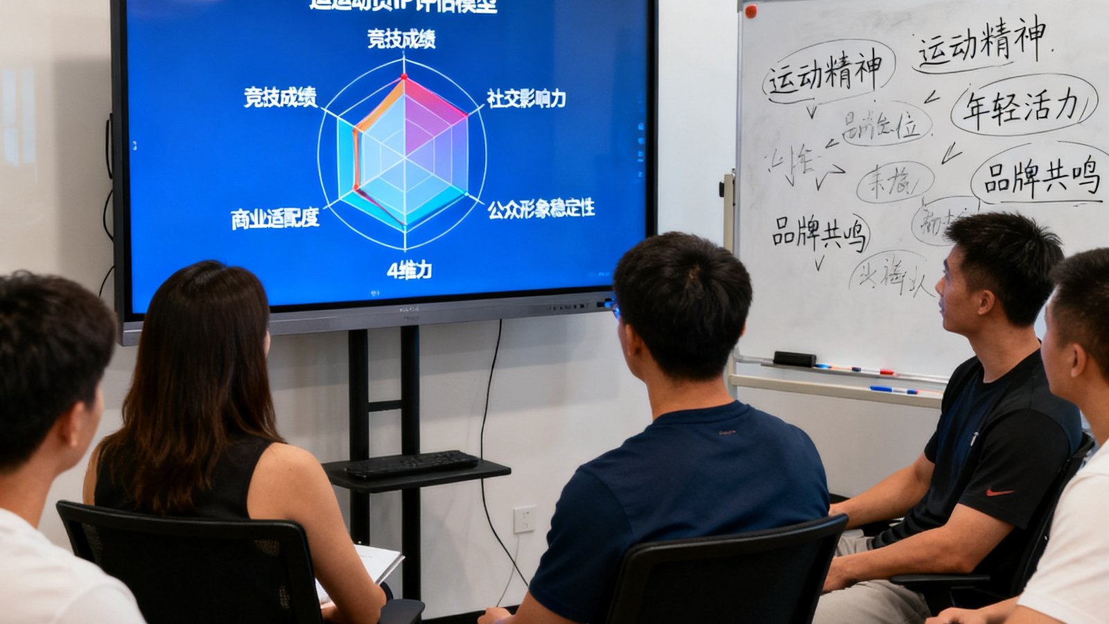 球探体育IP孵化团队正在会议室使用大屏展示运动员IP评估模型的四维雷达图，包括竞技成绩、社交影响力、商业适配度和公众形象稳定性指标，旁边白板上写满品牌定位关键词。